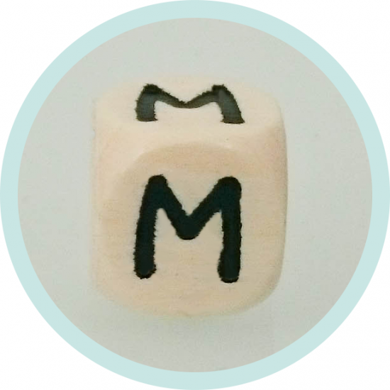Buchstabenwürfel M 10mm Holz geprägt schwarz - zum Schließen ins Bild klicken